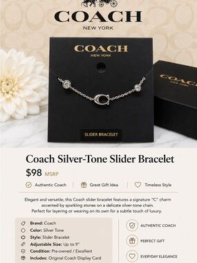 Coach Silver Tone Slider Bracelet with Sparkling Accents